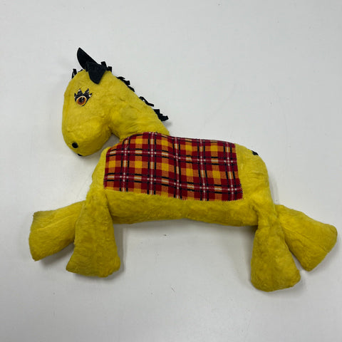 Vintage 60s MCM Yellow Plush Horse Stuffed Animal Plaid Blanket Carnival Toy
