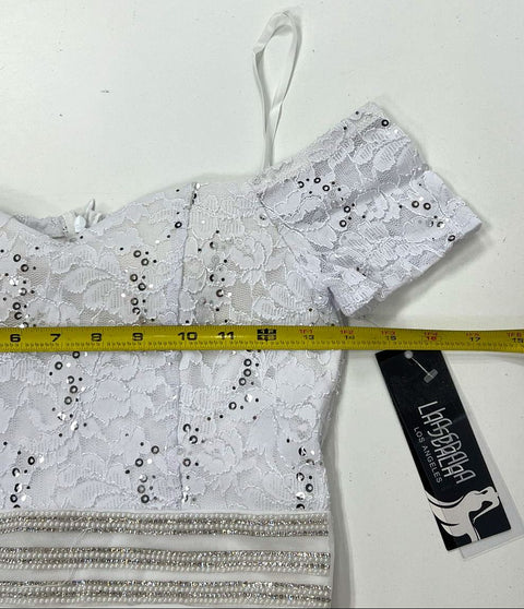 Vintage Y2K La Scala NWT White Sequin Lace Off Shoulder Maxi Dress Women's M