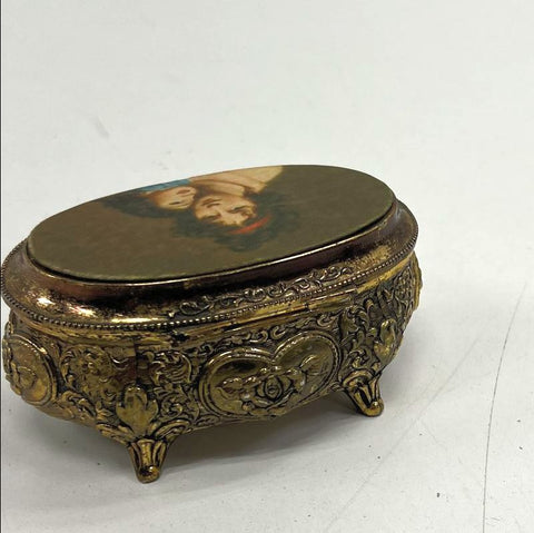 Vintage Ornate Gold Tone Footed Trinket Jewelry Box Vigee Lebrun Portrait Lid