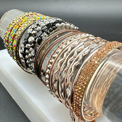 Fashion Costume Jewelry Lot 18 Bangles Cuffs Rhinestone Beaded Boho Mixed Tone