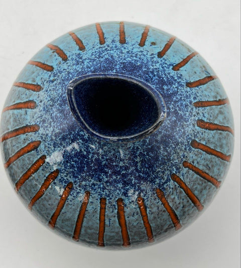 Vintage Italian Ceramic Vase Blue Mottled Glaze Mid Century Modern 7 Inch