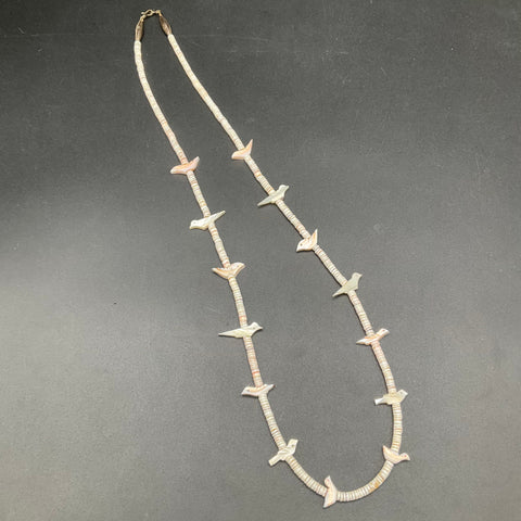 Vintage Southwestern Style Carved Shell Bird Fetish Heishi Bead Necklace 26"