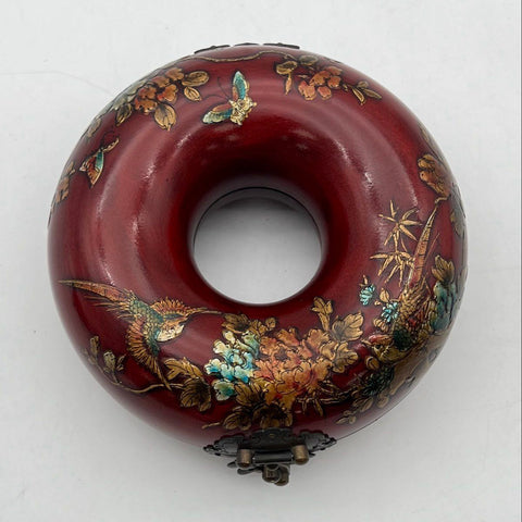 Vintage Chinoiserie Red Lacquer Toroidal Donut Jewelry Box Bird Flower 5"