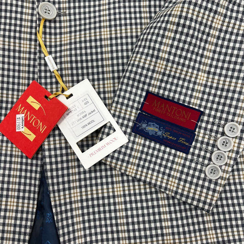 Mantoni Men's Navy Tan Plaid 100% Fine Wool Sport Coat Blazer 42S NWT