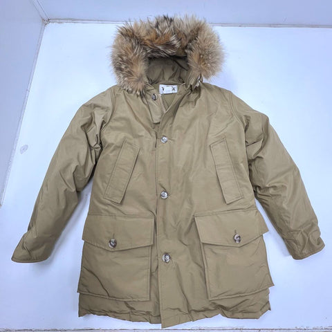 Vintage 80s Woolrich Men's Arctic Parka Down Coat Coyote Fur Hood Tan Sz M