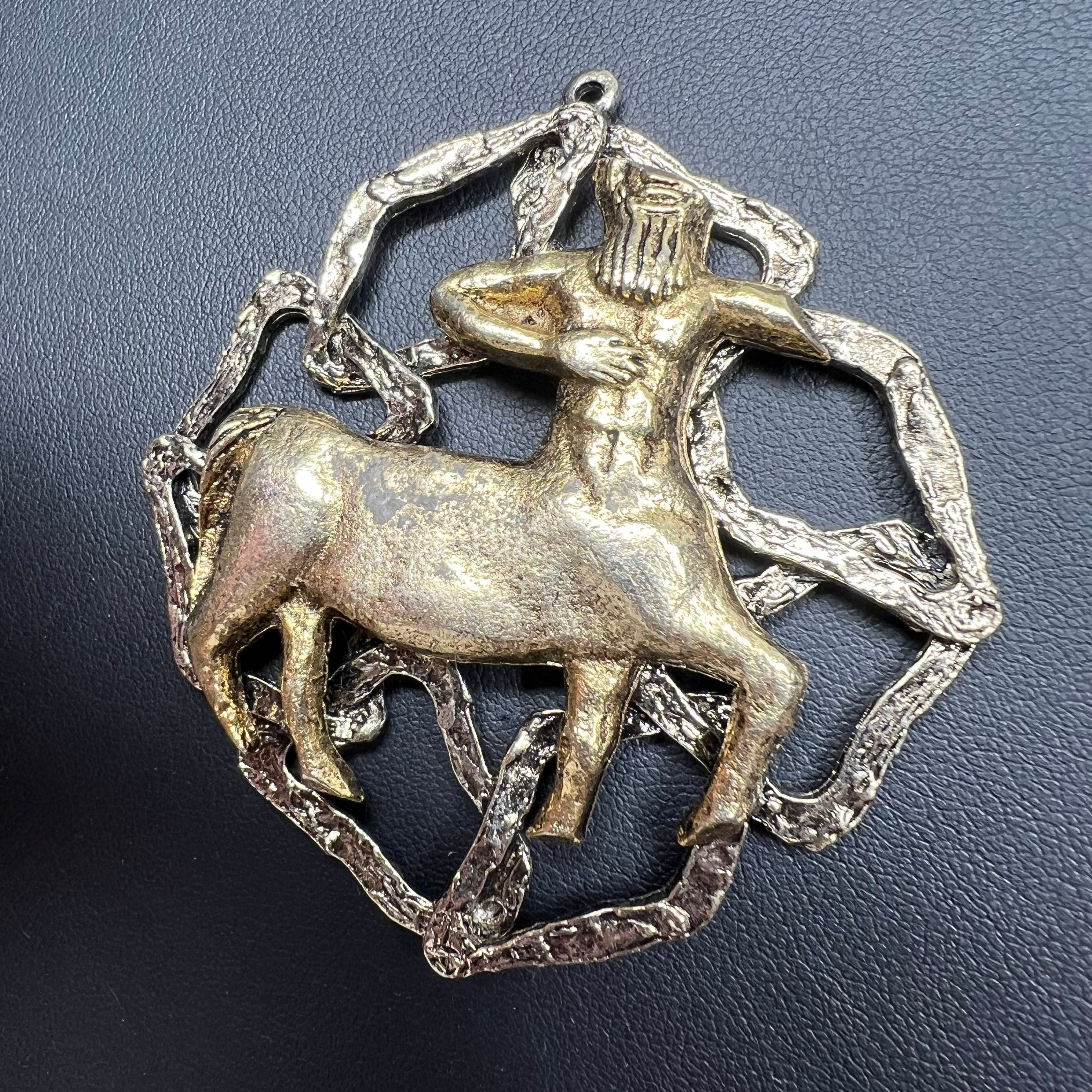 Vintage Signed ART 1960s Centaur Pendant Medallion Two-Tone Brutalist Figural