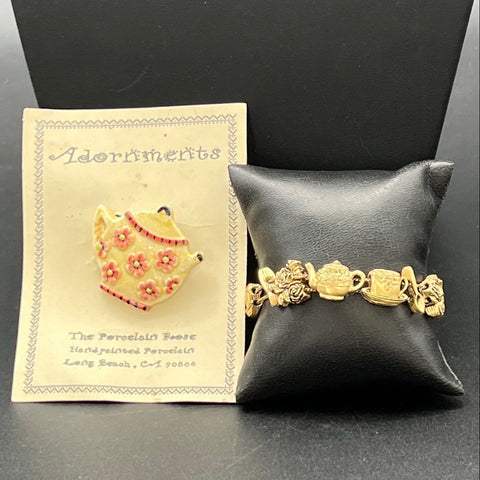 Porcelain Rose Vintage Teapot Jewelry Lot of 4 Brooch Necklace Bracelet Earrings