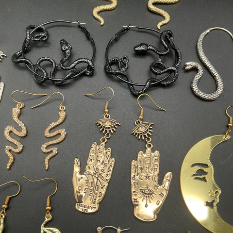Mystical Celestial Theme Costume Earring Lot 11 Pairs Snake Moon Hamsa Rose