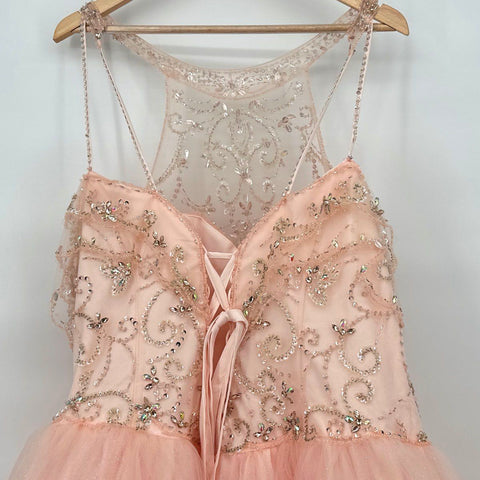 Layla K Women's Pink Beaded Sequin Tulle Formal Ball Gown Corset Back Sz 18