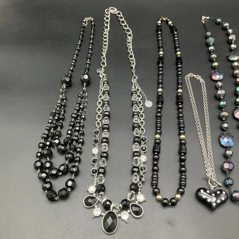 Black and Silver Tone Fashion Jewelry Lot of 7 Necklaces Rhinestone Heart Beads