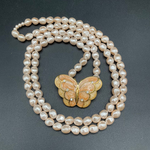 Kenneth Jay Lane for Avon Faux Pearl Butterfly Enhancer Necklace Vintage