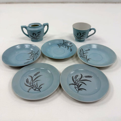 Vintage Grantcrest Japan Child's Tea Set Wheat Pattern 7pc Blue Porcelain