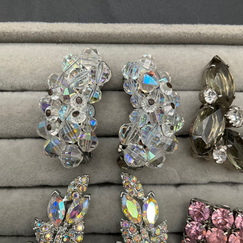 Vintage Sparkly Rhinestone AB Crystal Clip On Earrings Lot 6 Pairs Floral Leaf