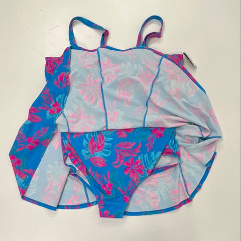 Torrid Women's Wireless Strappy Lace Up Swim Dress Tropical Geo Blue Pink NWT 4