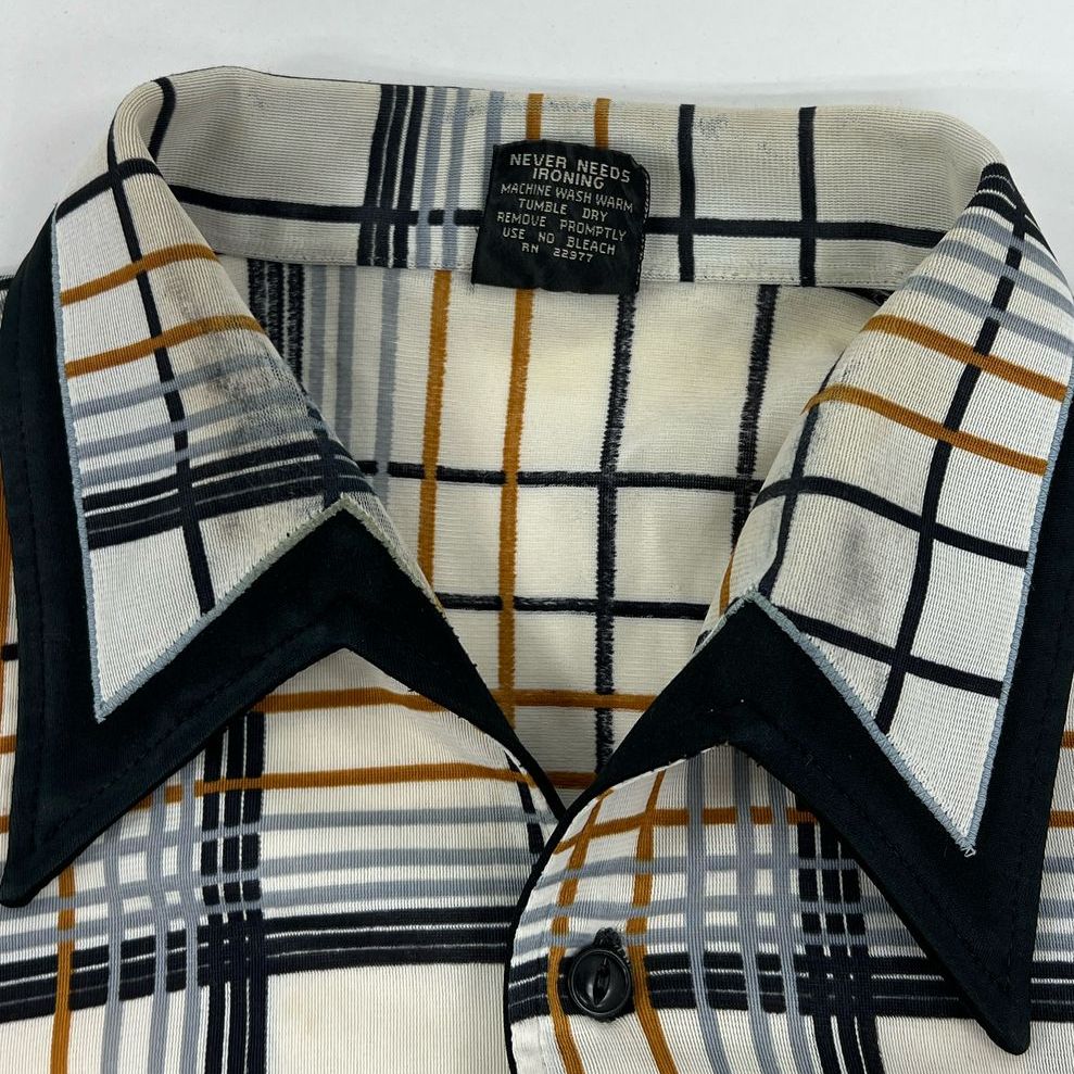 Vintage Men's Joel Blue Cream Plaid Long Sleeve Button Up Disco Shirt - Size XL