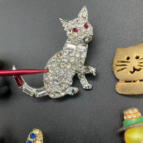 Vintage Cat & Animal Brooch Jewelry Lot of 8 Rhinestone Enamel Butterfly Duck