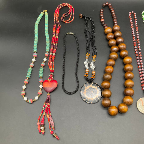 Boho Beaded Necklace Lot 7 Pieces Wood Stone Resin Pendants Multi-strand