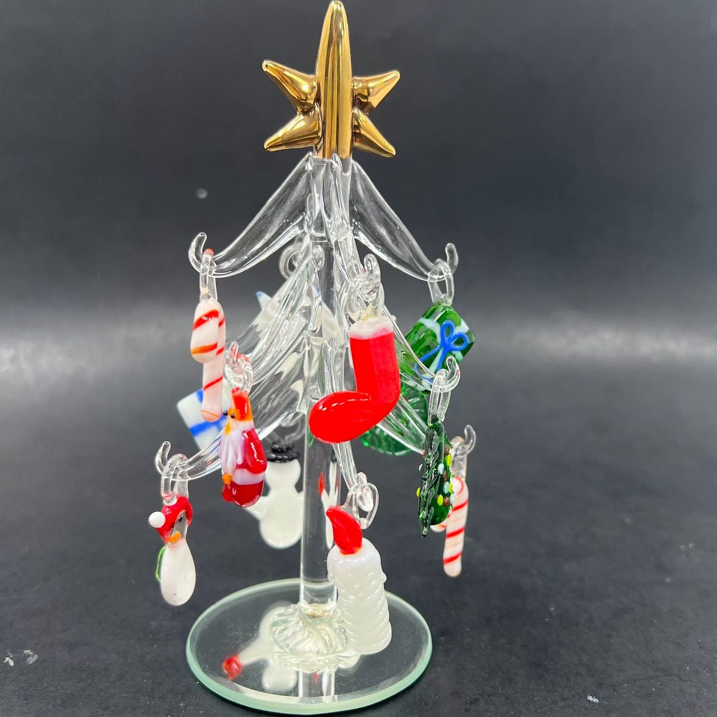 Hand Blown 13 Mini Ornaments Glass with Christmas Tree Art Glass Stand