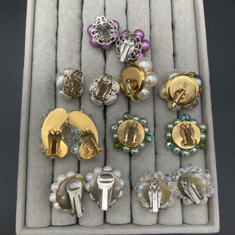 Vintage Clip On Earrings Lot of 15 Faux Pearl Rhinestone Crystal Mid-Century