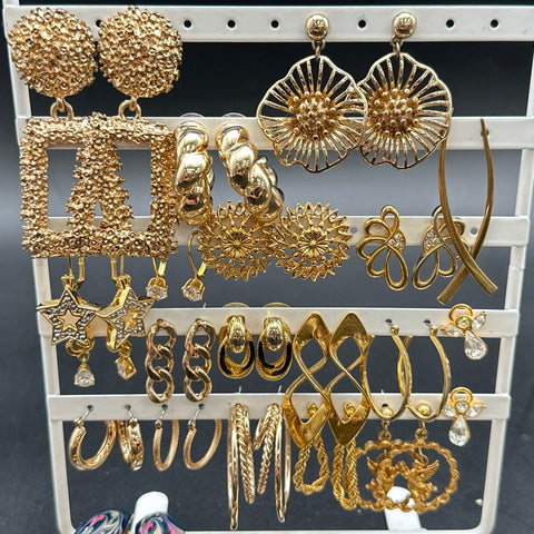 Vintage 1980s 90s Gold Tone Costume Jewelry Lot 24 Pairs Hoops Dangles Studs