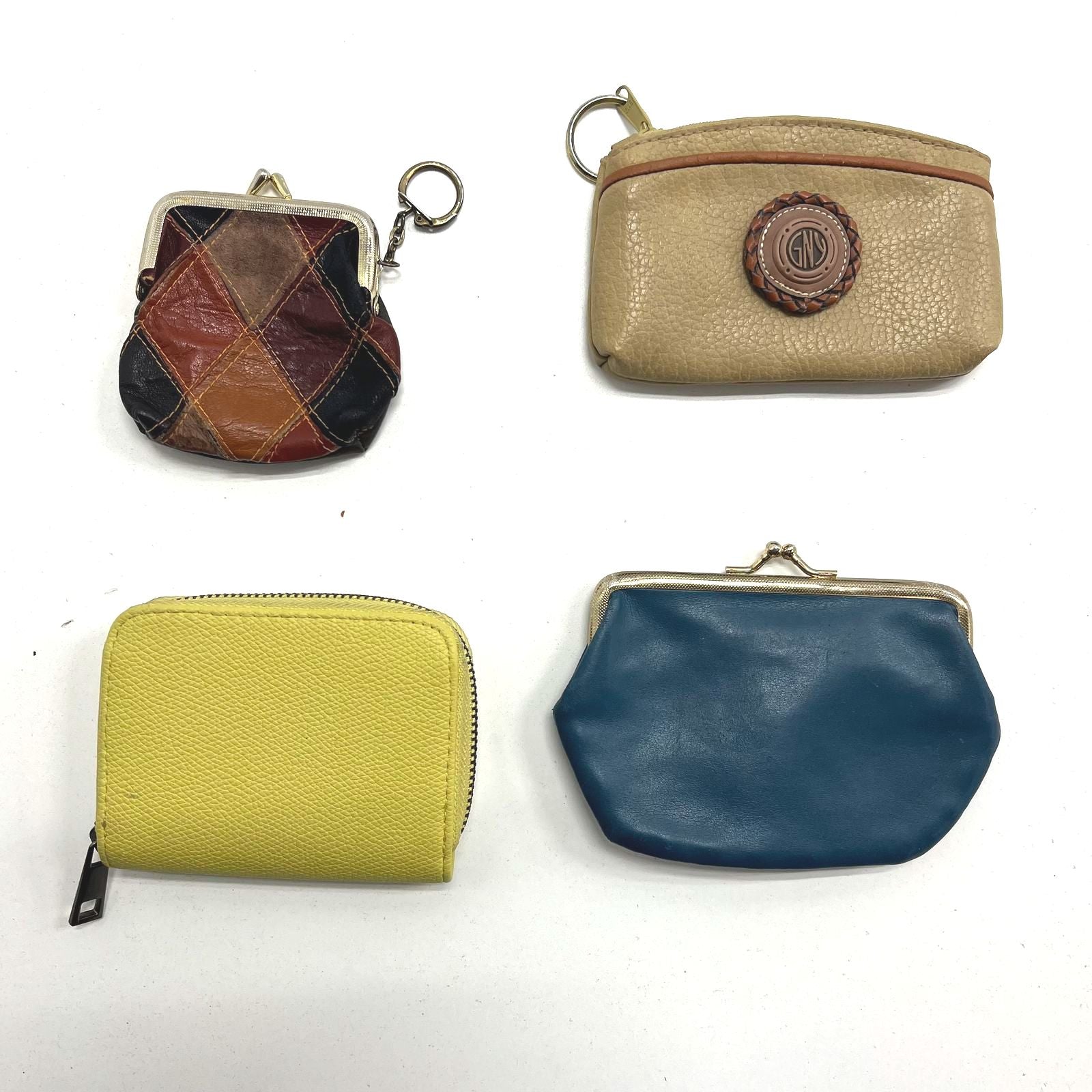 Lot of 4 Coin Purses Yellow Blue Brown Patchwork Keyring Zipper and Clasps