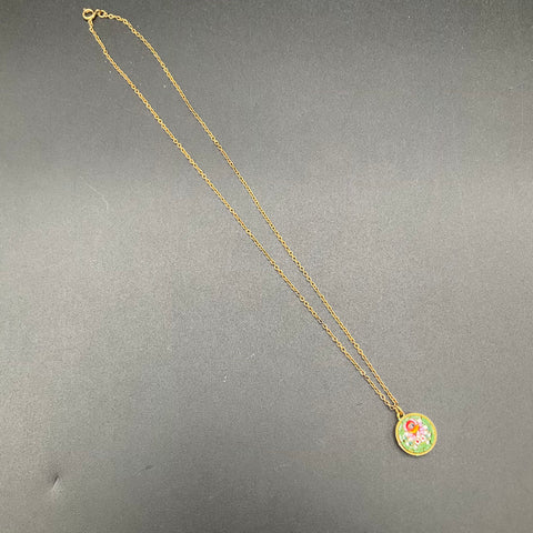 Vintage Italian Floral Micro Mosaic Pendant Necklace Gold Tone 18"