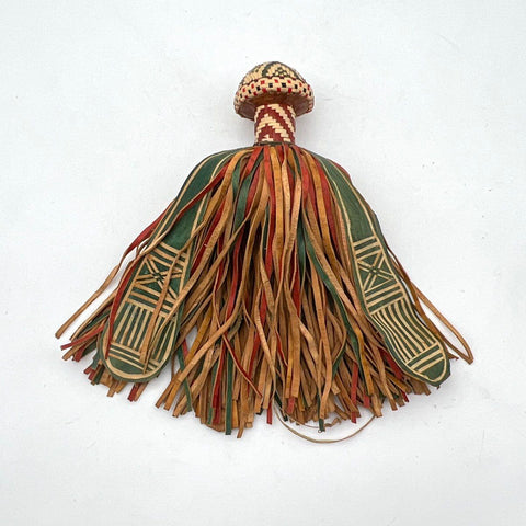 Vintage West African Fulani Woven Grass and Leather Hat Topper Finial Fringed