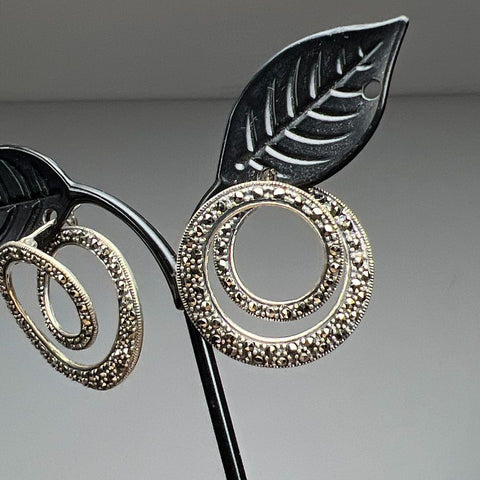 Sterling Silver Round Marcasite Dangle Earrings 8.99g
