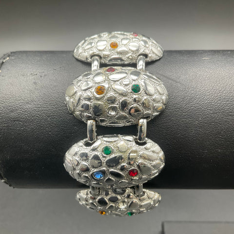 Vintage Judy Lee Silver Tone Multi Color Rhinestone Oval Panel Bracelet 7.25"