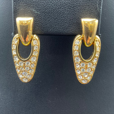 Vintage Swarovski Gold Tone Crystal Pave Door Knocker Earrings Swan Logo