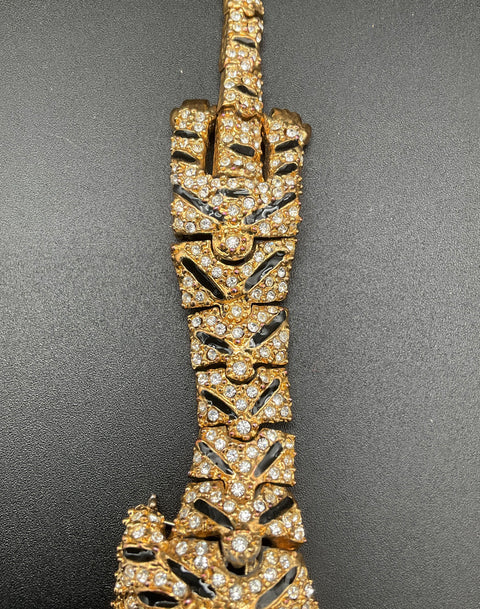 Vintage Articulated Tiger Brooch Pave Rhinestone Black Enamel Over the Shoulder