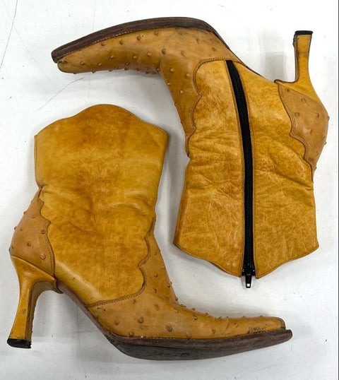 Y2K Soto Boots Tan Full Quill Ostrich Leather Heeled Ankle Boots Size 9.5
