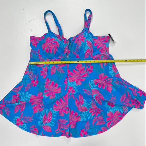 Torrid Women's Wireless Strappy Lace Up Swim Dress Tropical Geo Blue Pink NWT 4