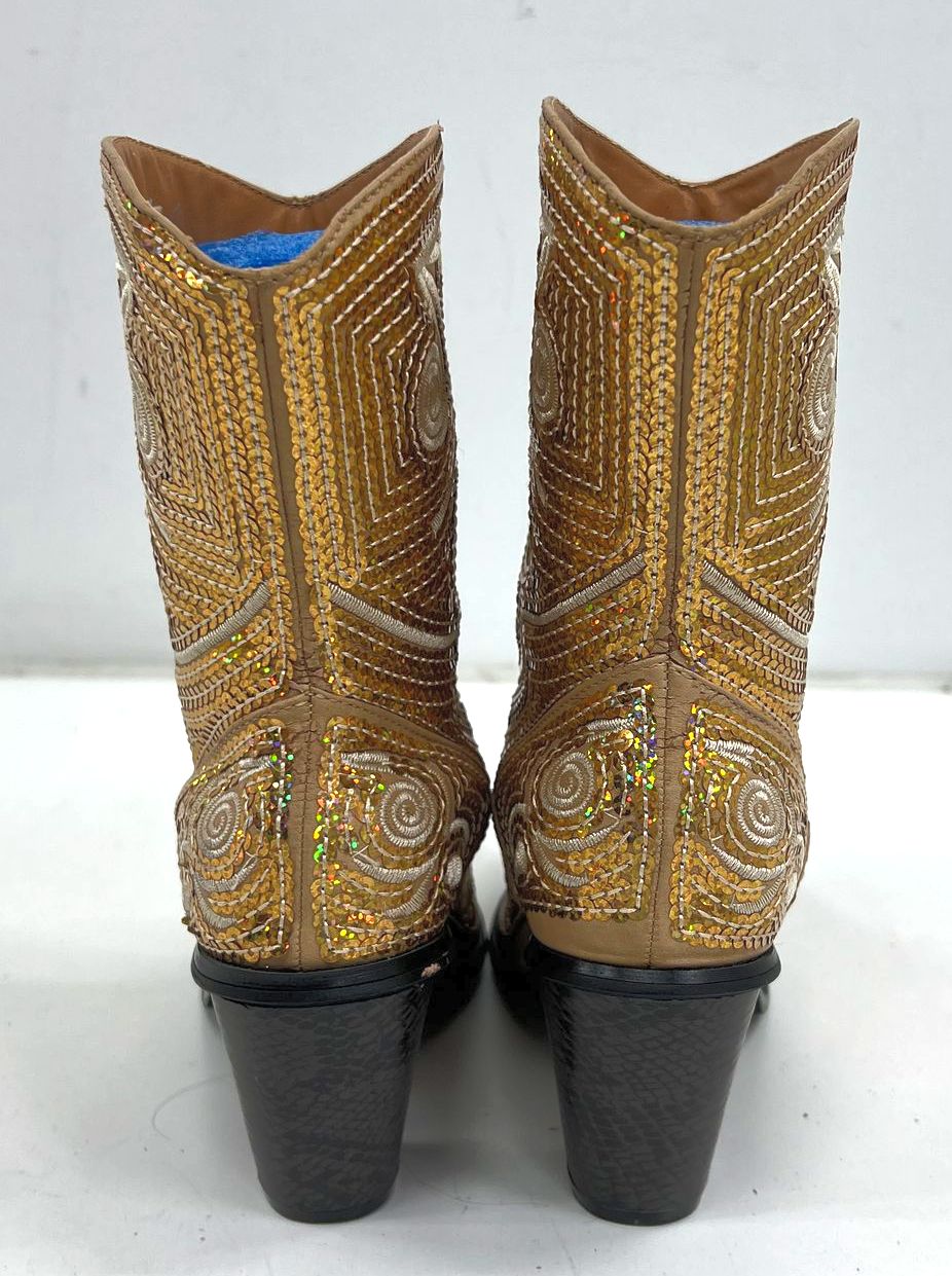 Helen & Heart Gold Tan Sequin Embroidered Western Cowboy Boots Women's Size 7