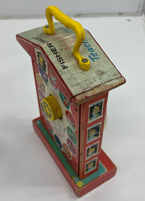 Vintage Toy Lot Fisher Price Music Box Teaching Clock & Tin Litho Spinning Tops