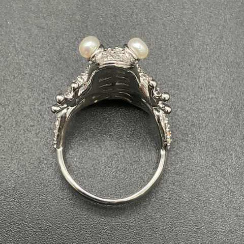 Vintage Silver Tone Crystal Pearl Eye Frog Statement Ring Size 8