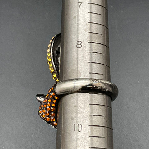 Fox Costume Ring Gunmetal Tone Orange Yellow Clear Rhinestones Size 9