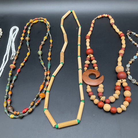 Vintage and Modern Costume Jewelry Lot of 8 Necklaces Wood Shell Beaded Pendants