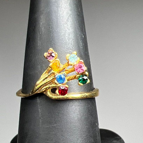 Vintage Gold Plated Multi-Color Rhinestone Cluster Spray Ring Size 6.5 1.3g