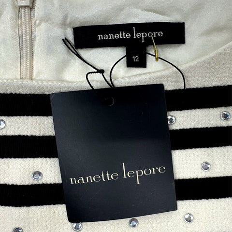 Nanette Lepore Women's Bateau Neck Striped Rhinestone Belted Dress NWT Sz 12