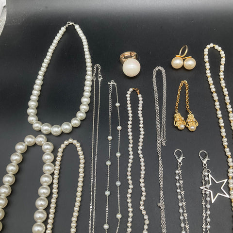 Vintage Faux Pearl Costume Jewelry Lot of 25 Necklaces Bracelets Earrings Ring