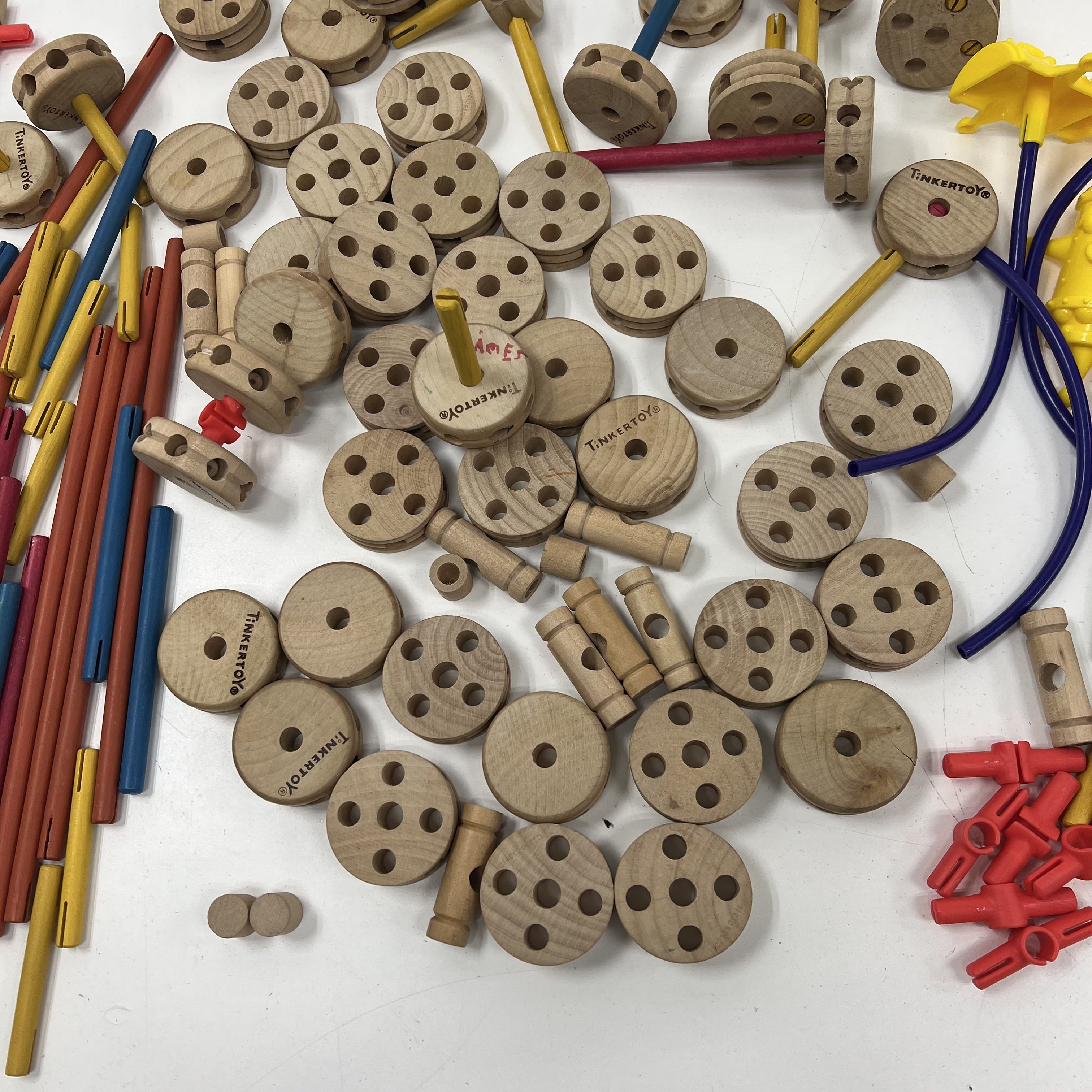 Vintage Tinkertoy Lot Wood & Plastic Pieces Mixed Construction Building Set