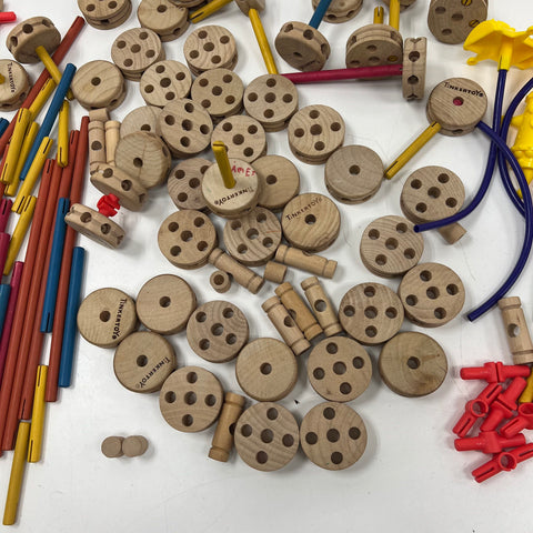 Vintage Tinkertoy Lot Wood & Plastic Pieces Mixed Construction Building Set