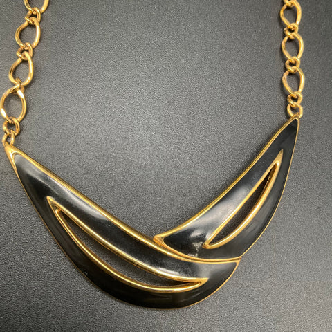 Vintage Monet Gold Tone Black Enamel Crescent Bib Necklace Art Deco Style