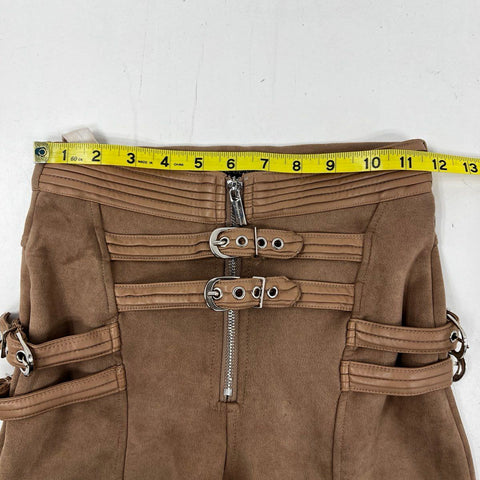 Maniere De Voir Women's Brown High Waist Multi Buckle Faux Suede Pants Sz 6