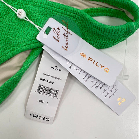 Pilyq NWT Women's Green Reef Textured High Cut Bikini Set Top D Bottom L