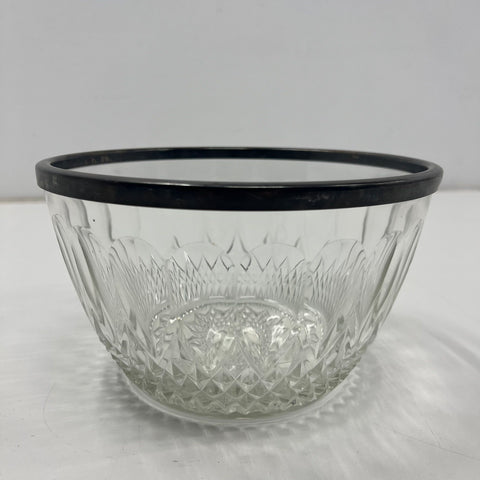 Vintage Mid-Century Cut Glass Salad Bowl Silver Plate Rim Starburst 8.5"