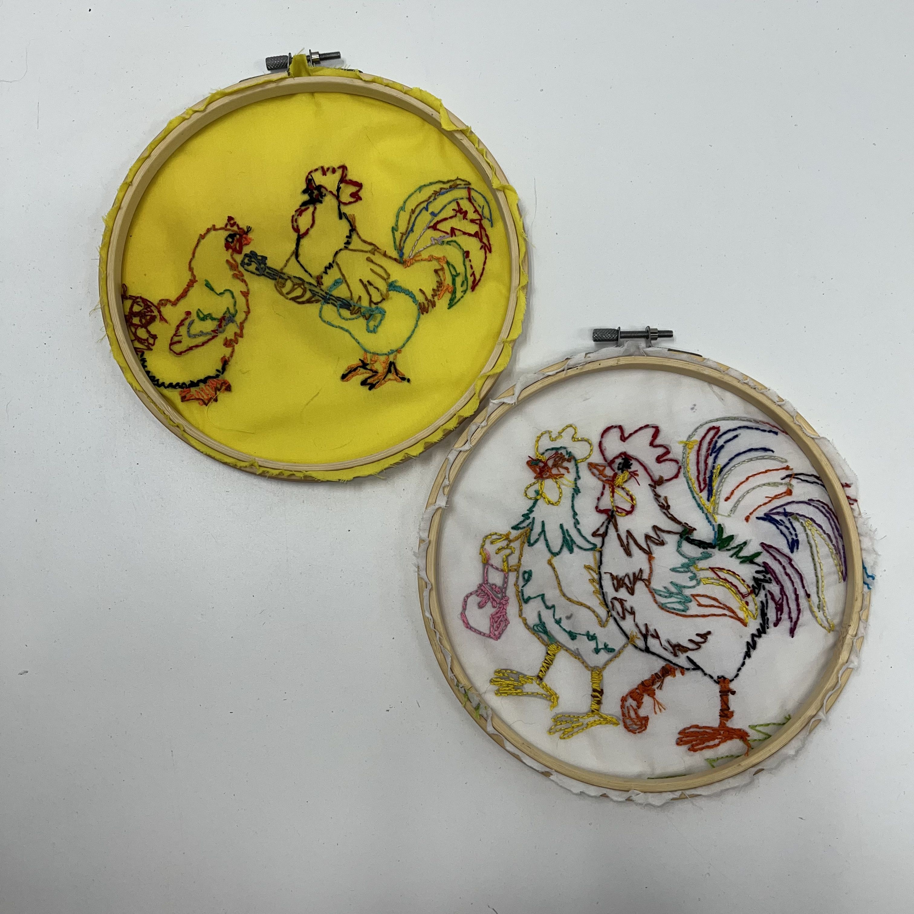 Set of Two Vintage Embroidered Chickens Roosters Handmade 8"