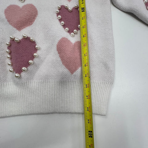 English Factory White Pink Heart Print Faux Pearl Knit Sweater Women's M