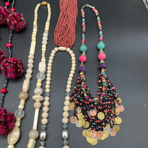 Bohemian Beaded Costume Jewelry Necklace Lot of 10 Tassel Pom Pom Multi-Strand
